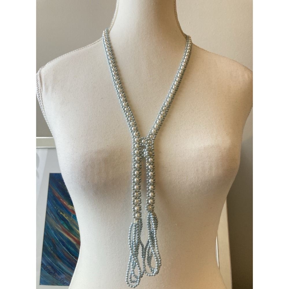 Vintage Baby Blue‎ Faux Pearl Beaded Lariat Necklace Long Tassel Loop Romantic